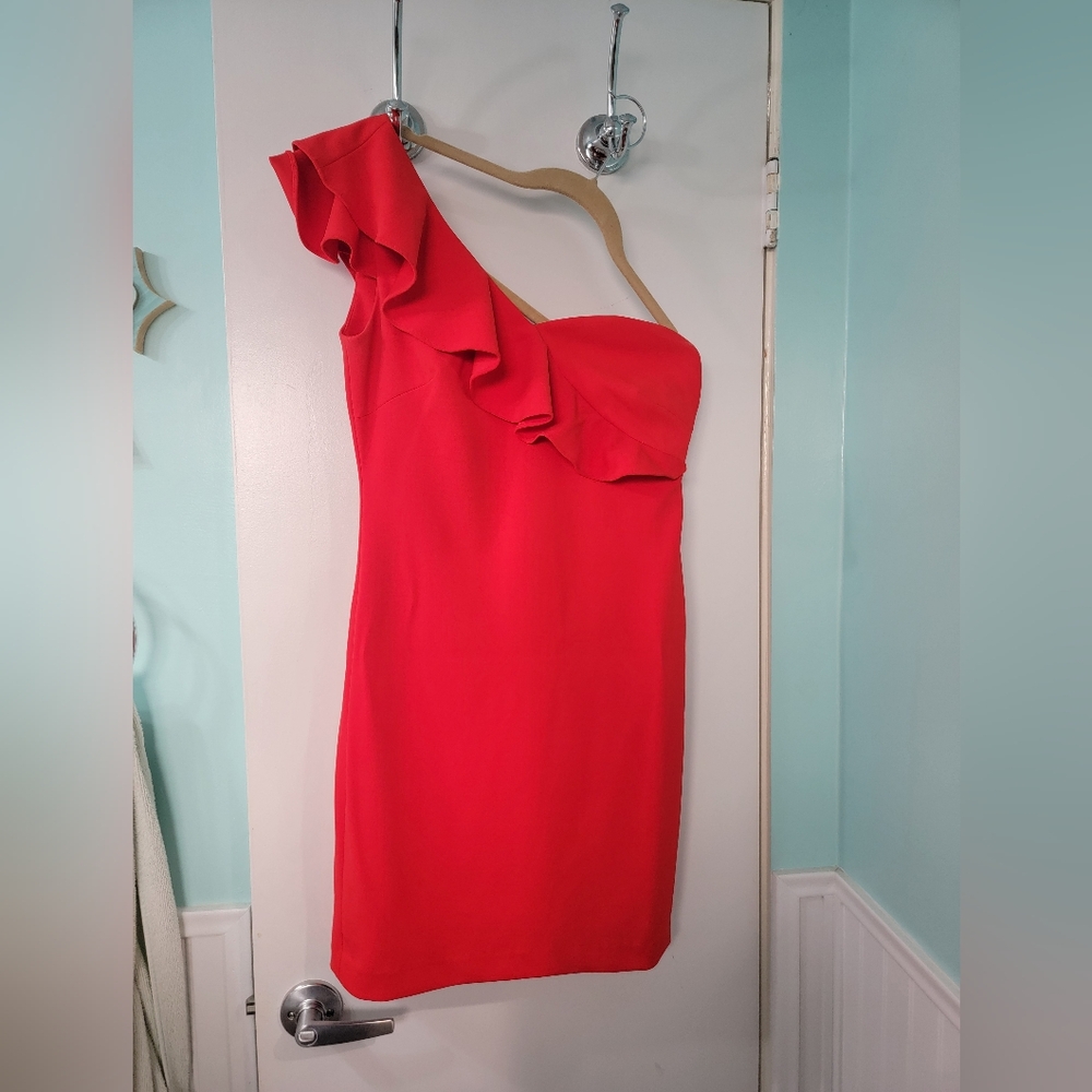 Calvin Klein Red orange strapless dress one shoulder asymmetric